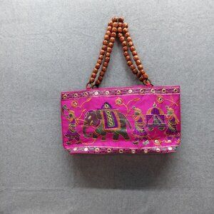 Handcrafted Pink Embroidered Elephant Bead Handle Purse